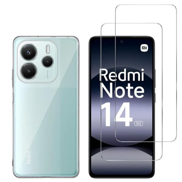 Skal och skärmskydd - Phonillico® - Xiaomi Redmi Note 14 5G - Mjuk - Transparent - 2 Härdade glas