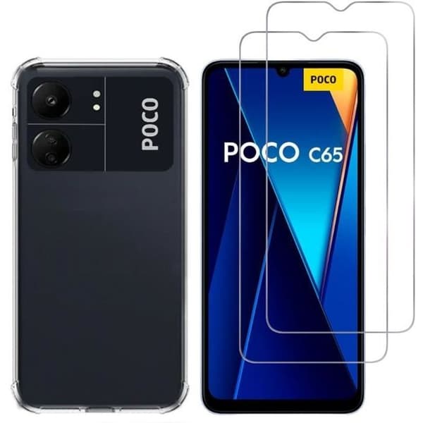 Stötdämpande skal för Xiaomi Poco C65 och 2 härdade glas skydd för screens Phonillico®
