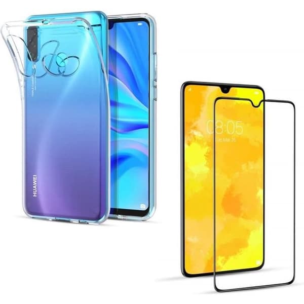 Huawei P30 LITE-skal - Genomskinlig mjuk silikon + skärmskydd i härdat glas med svart kant [Phonillico®]