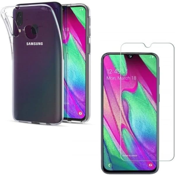 Skal till Samsung Galaxy A40 - Transparent mjuk silikon + Helhärdat skärmskydd i härdat glas [Phonillico®]