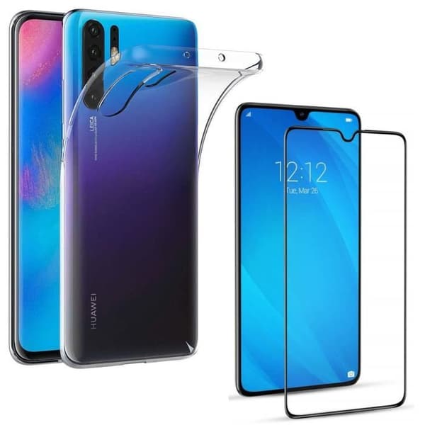 Coque Huawei P30 PRO - Transparent Mjuk Silikon + Hel Tempererat Glas Svart Kant Skydd för Skärm [Phonillico®]