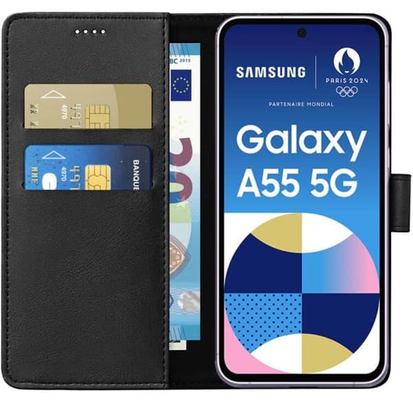 Fodral - Phonillico® - Samsung Galaxy A55 5G - Svart Plånbok - Lädereffekt - Stativfunktion