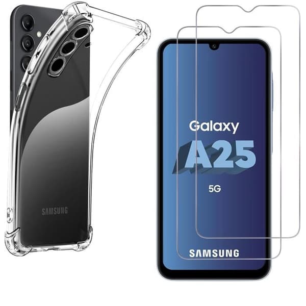 Chockproof skal - Phonillico - Samsung Galaxy A25 5G - Mjuk silikon - 2 härdat glas - Förstärkt skydd