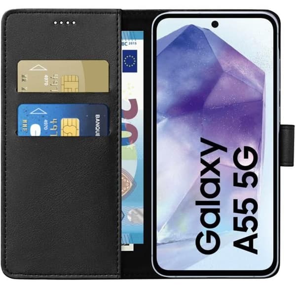 Fodral - Phonillico® - Samsung Galaxy A55 5G - Svart - Lädereffekt - Stativfunktion