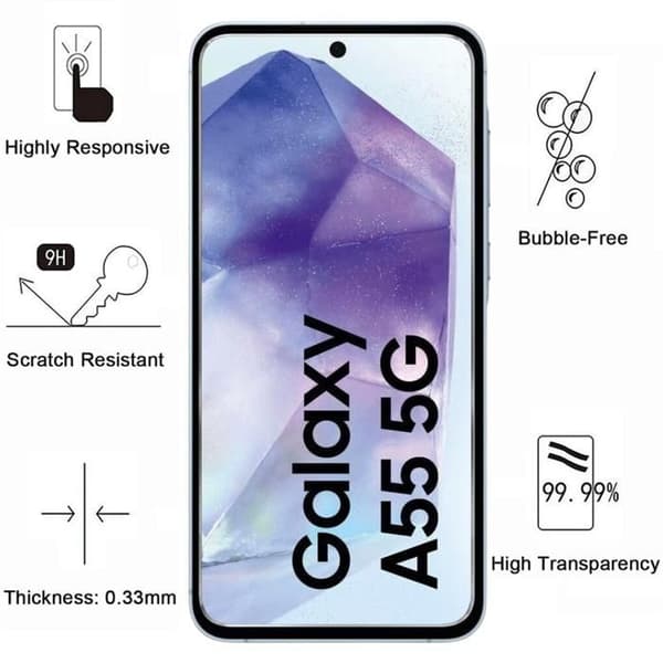 Skyddande film - Phonillico - Samsung Galaxy A55 5G - Härdat glas - Paket 2 - Repellerande