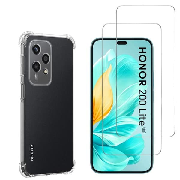 Stötdämpande skal - Phonillico - Honor 200 Lite 5G - Mjuk silikon - 2 Härdat glas - Förstärkt skydd