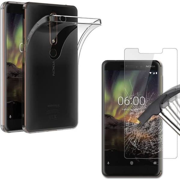 Nokia 6.1 2018 Fodral + Härdat Glas Skärmfilm Skydd - Hölster Etui Gel TPU Silikon Transparent Mjuk Skydd Ultra Tunn