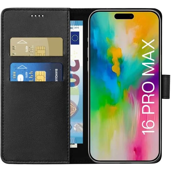 Skal för iPhone 16 PRO MAX - Svart Plånbok Med Magnetisk Klaff Kortfack Phonillico®