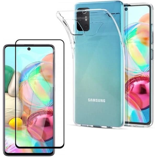 Skal till Samsung Galaxy A71 + Härdat glas Svart kant - Mjukt silikonskyddande glasfilm skärmskydd Phonillico®