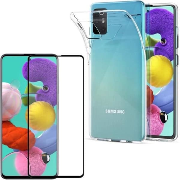 Skal till Samsung Galaxy A51 + Härdat glas Svart kant - Mjukt silikonskyddande glasfilm skärmskydd Phonillico®