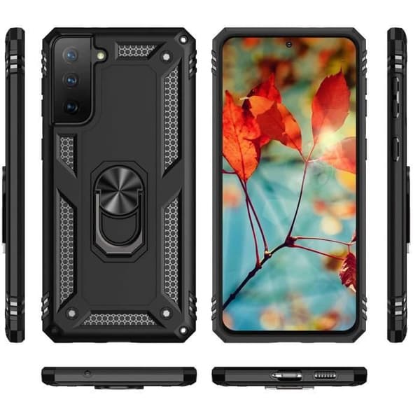 Svart fodral till Samsung S21 FE 5G - Stötsäkert skydd Militärstil Robust ring 360 roterande Phonillico®