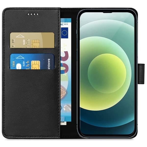 Fodral för iPhone 13 MINI (5,4") - Svart plånboksfodral med lock, magnetspänne, kortförvaring Phonillico®