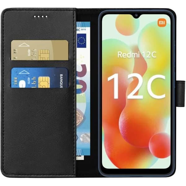 Coque för Xiaomi Redmi 12C - Plånbok Svart Med Flik Magnetisk Kort Förvaring Phonillico®