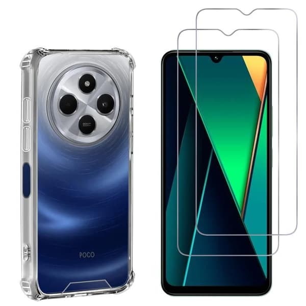 Stöttålig skal - Phonillico® - Xiaomi Poco C75 - Flekibelt - Transparent - 2 Härdat glas