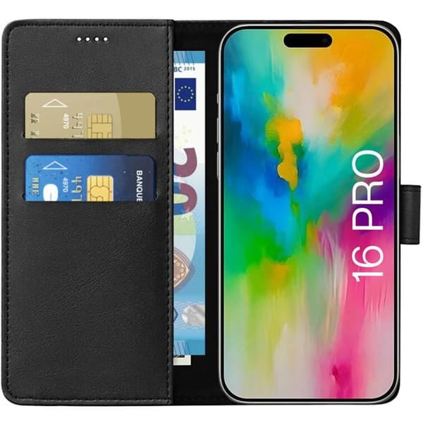 Svart fodral till iPhone 16 PRO - Magnetisk flik Plånbok Kortförvaring Phonillico®