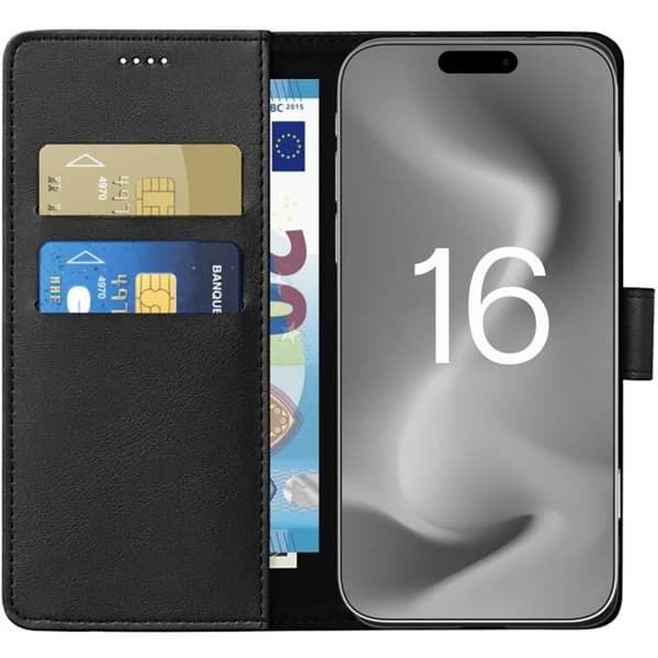 Coque för iPhone 16 - Svart Plånbok Med Magnetisk Flik För Korthållare Phonillico®