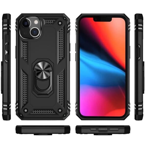 Svart fodral för iPhone 13 (6,1") Stötsäkert skydd Militärstil Robust Ring 360 Roterande Phonillico®