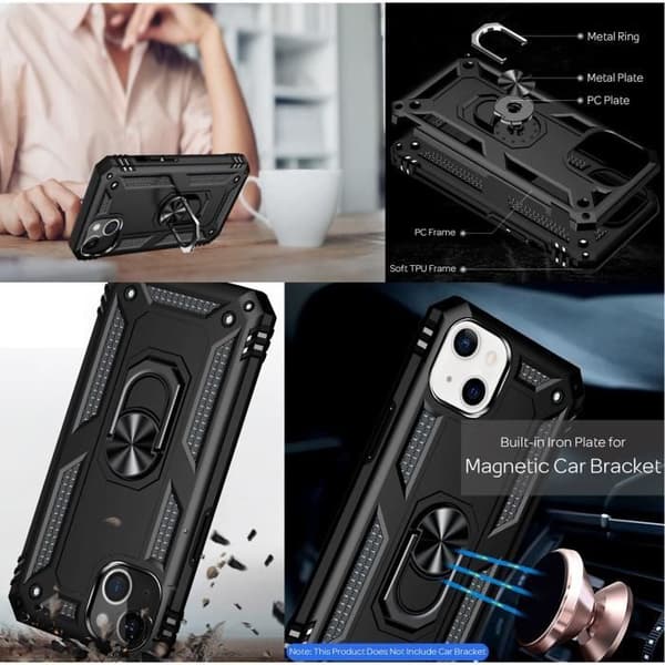 Svart fodral för iPhone 13 (6,1") Stötsäkert skydd Militärstil Robust Ring 360 Roterande Phonillico®