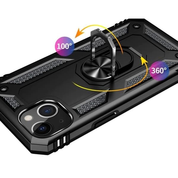 Svart fodral för iPhone 13 (6,1") Stötsäkert skydd Militärstil Robust Ring 360 Roterande Phonillico®
