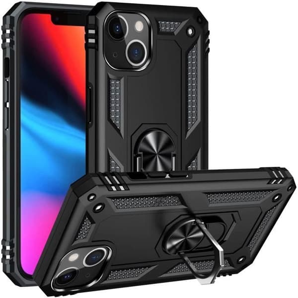 Svart fodral för iPhone 13 (6,1") Stötsäkert skydd Militärstil Robust Ring 360 Roterande Phonillico®