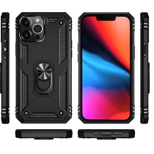 Svart fodral för iPhone 13 PRO MAX (6,7") Stötsäkert skydd Militär stil Robust Ring Ring 360 roterande Phonillico®