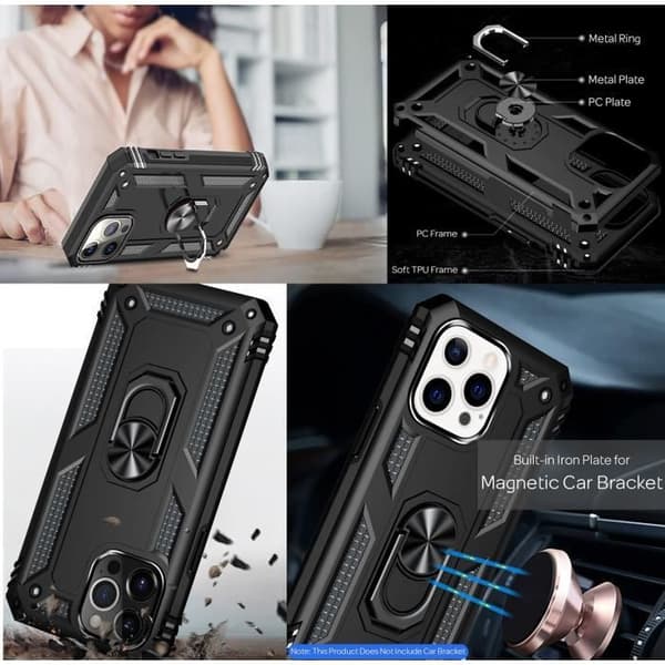 Svart fodral för iPhone 13 PRO MAX (6,7") Stötsäkert skydd Militär stil Robust Ring Ring 360 roterande Phonillico®