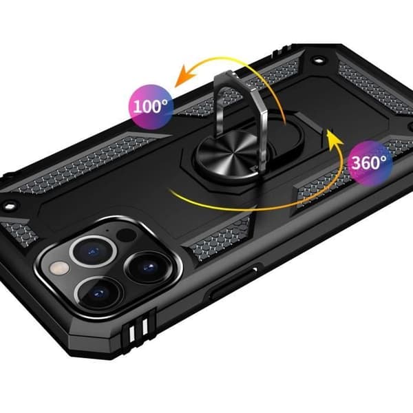 Svart fodral för iPhone 13 PRO MAX (6,7") Stötsäkert skydd Militär stil Robust Ring Ring 360 roterande Phonillico®