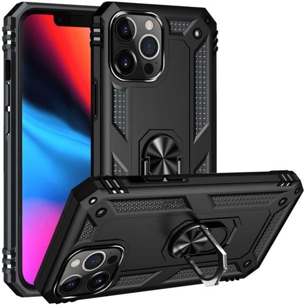 Svart fodral för iPhone 13 PRO MAX (6,7") Stötsäkert skydd Militär stil Robust Ring Ring 360 roterande Phonillico®