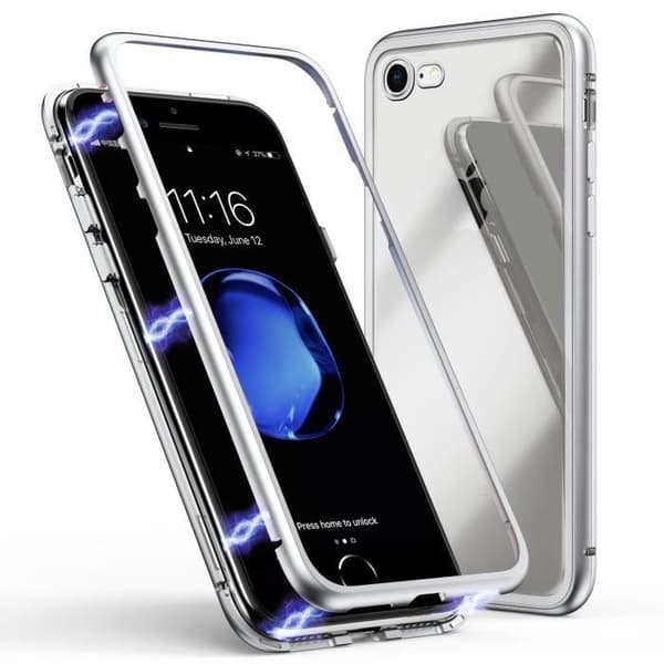 Skydd för iPhone SE 2022 - Magnetiskt Skydd Silver + Härdat Glas - Metallskydd Ultra Resistens Phonillico®