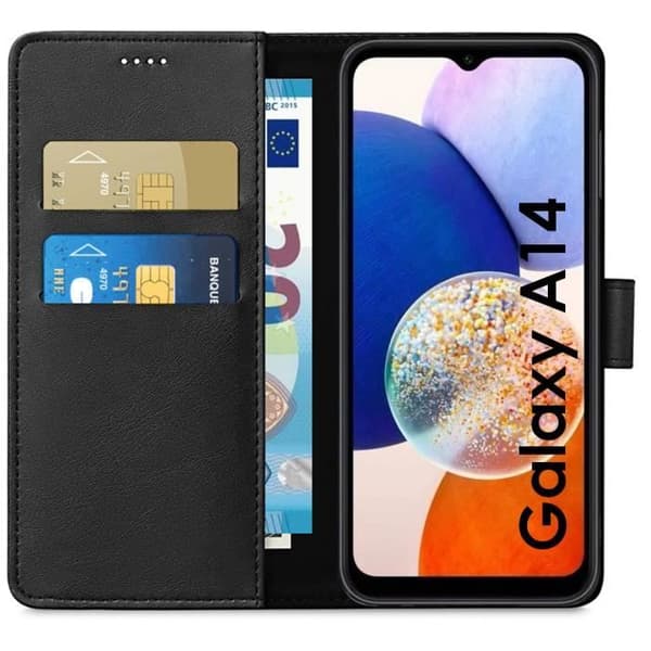 Coque för Samsung Galaxy A14 - Svart Fodral med Magnetiskt Lock och Kortfack Phonillico®