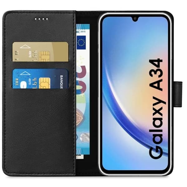 Coque för Samsung Galaxy A34 5G - Svart Plånbok med Magnetiskt Lock för Kortförvaring Phonillico®