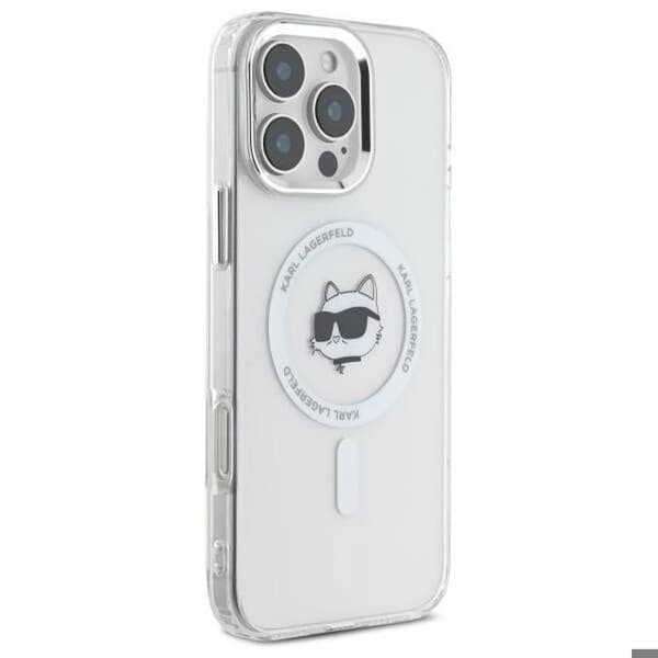 iPhone 16 Pro-fodral - Karl Lagerfeld IML MagSafe (KLHMP16LHLHLSCHH) - Choupette-huvud i vit metall