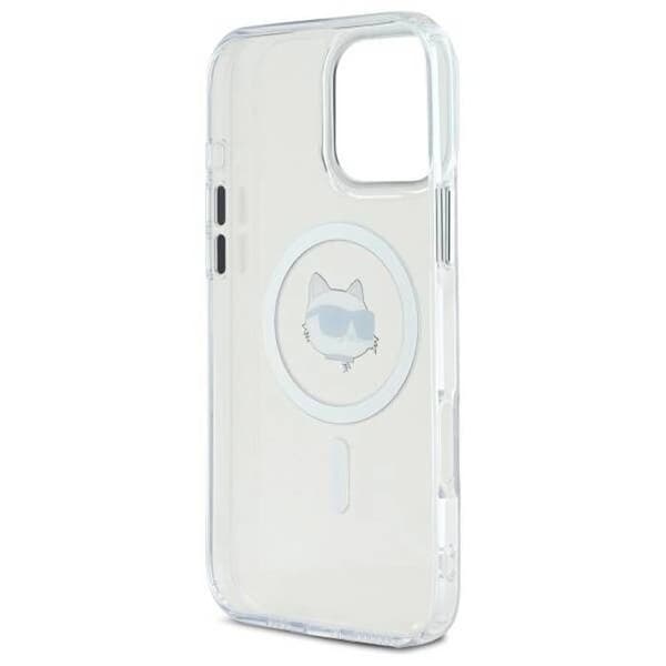 iPhone 16 Pro-fodral - Karl Lagerfeld IML MagSafe (KLHMP16LHLHLSCHH) - Choupette-huvud i vit metall