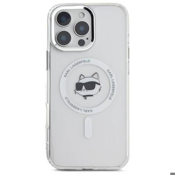 iPhone 16 Pro-fodral - Karl Lagerfeld IML MagSafe (KLHMP16LHLHLSCHH) - Choupette-huvud i vit metall