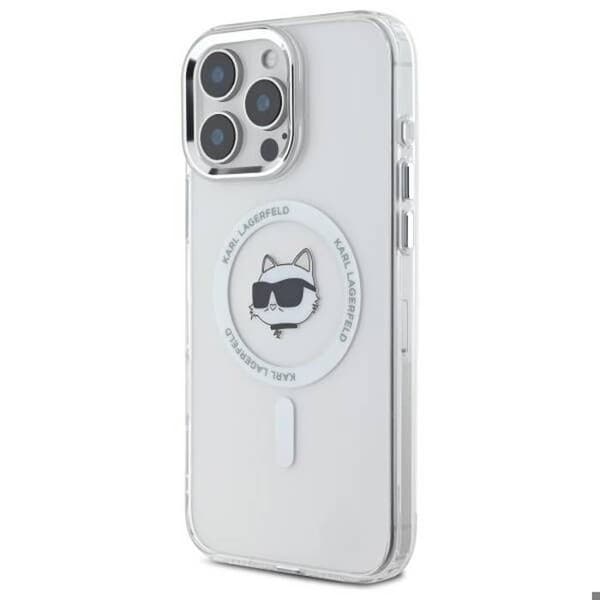 iPhone 16 Pro-fodral - Karl Lagerfeld IML MagSafe (KLHMP16LHLHLSCHH) - Choupette-huvud i vit metall