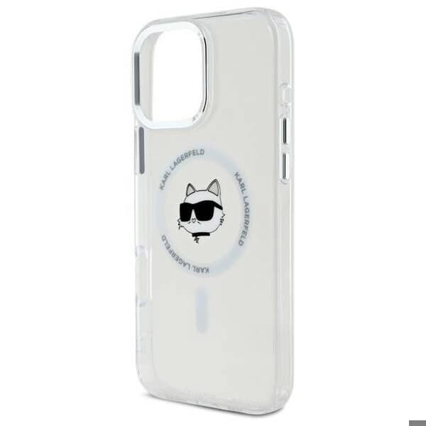 iPhone 16 Pro-fodral - Karl Lagerfeld IML MagSafe (KLHMP16LHLHLSCHH) - Choupette-huvud i vit metall