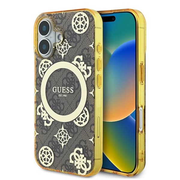 iPhone 16-fodral - Guess IML Peony på 4G MagSafe-bakgrund (GUHMP16SH4PYEEW) - Brun