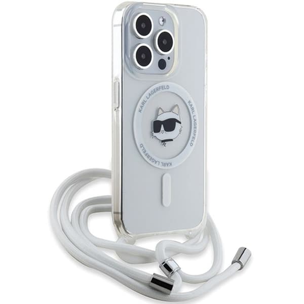 iPhone 15 Pro Max-fodral - Karl Lagerfeld IML MagSafe (KLHMP15XHCHCCHNT) - Genomskinligt Choupette-huvud och -lina