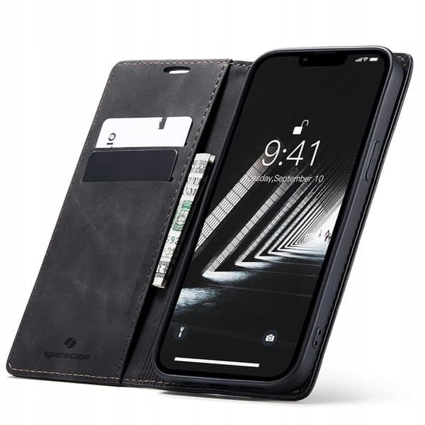 Spacecase Plånbok För Iphone 14 Väska Svart Med Krabiner