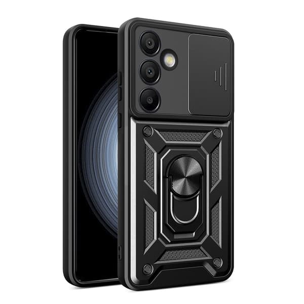 Hybrid Armor Camshield Shell -kuori, jossa on mobiilirengas ja kameran suojaus Samsung Galaxy A36 - Svart
