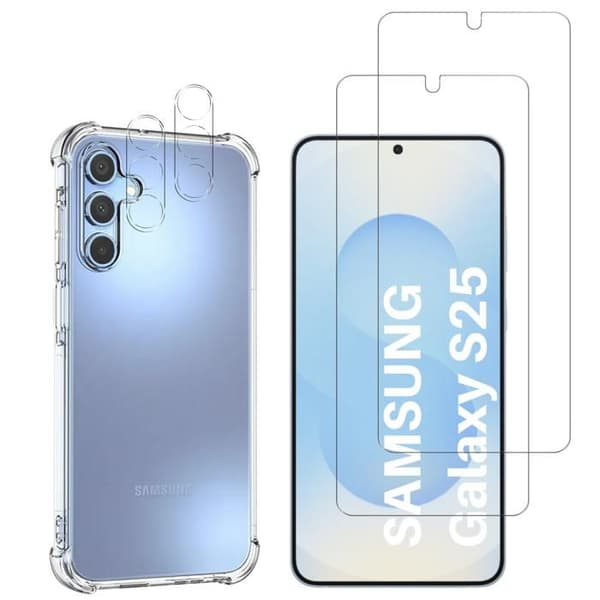 Stötsäker skal för Samsung Galaxy S25 och 2 härdade glas för skärmen samt 2 kameraskydd Phonillico®