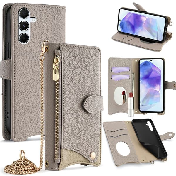SKALO Samsung A26 5G Litchi Makeup Mirror Chain Flip Cover - Grå