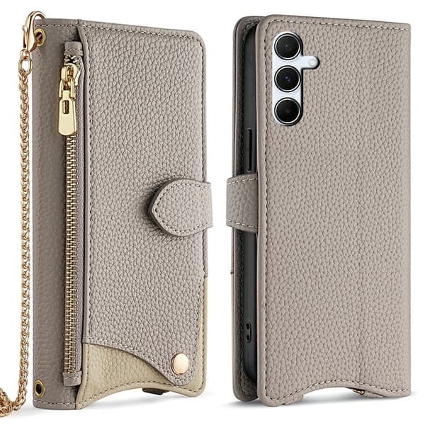SKALO Samsung A26 5G Litchi Makeup Mirror Chain Flip Cover - Grå