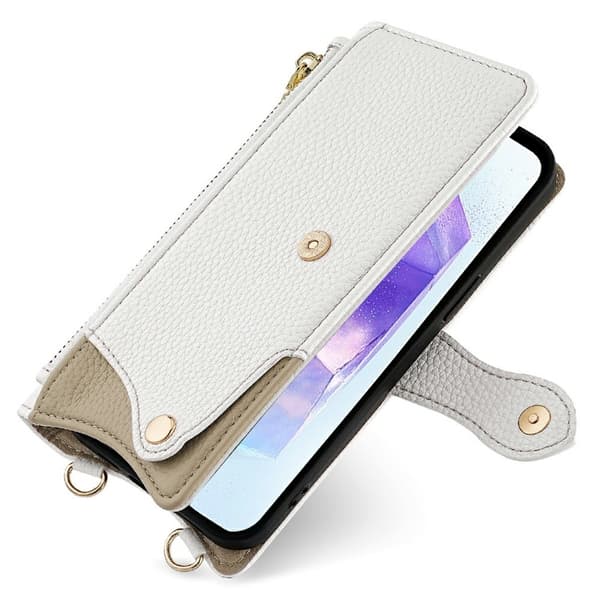 SKALO Samsung A36 5G Litchi Makeup Mirror Chain Lompakkokotelo - Valkoinen