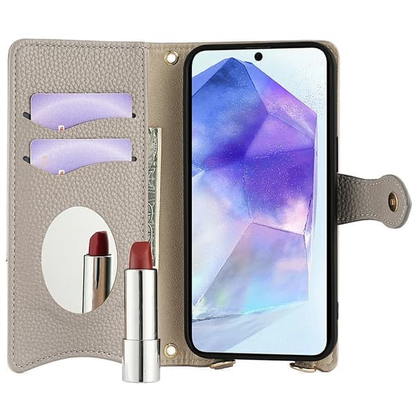 SKALO Samsung A56 5G Litchi Makeup Mirror Chain Plånboksfodral - Grå