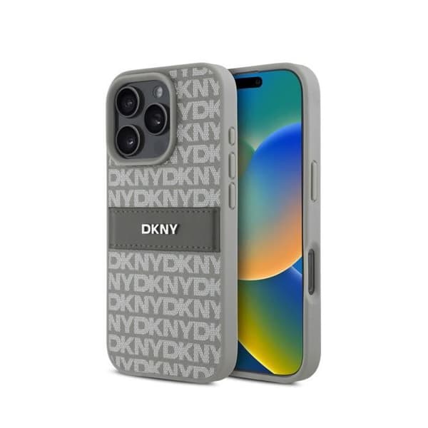 Coque för iPhone 16 Pro Utgåva Repeat Pattern Tonal Stripe med Metalliskt Logo DKNY Beige