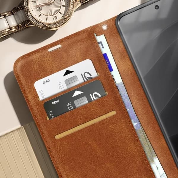 Hus för Redmi Note 14 Pro och 14 Pro Plus Plånbok Handledsrem Ljusbrun