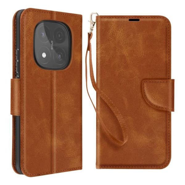 Hus för Redmi Note 14 Pro och 14 Pro Plus Plånbok Handledsrem Ljusbrun