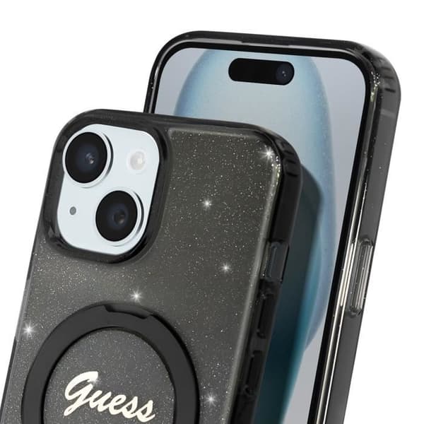 Coque MagSafe för iPhone 15 Glittrande i silikon med upphöjda kanter Guess svart