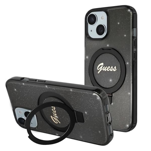 Coque MagSafe för iPhone 15 Glittrande i silikon med upphöjda kanter Guess svart